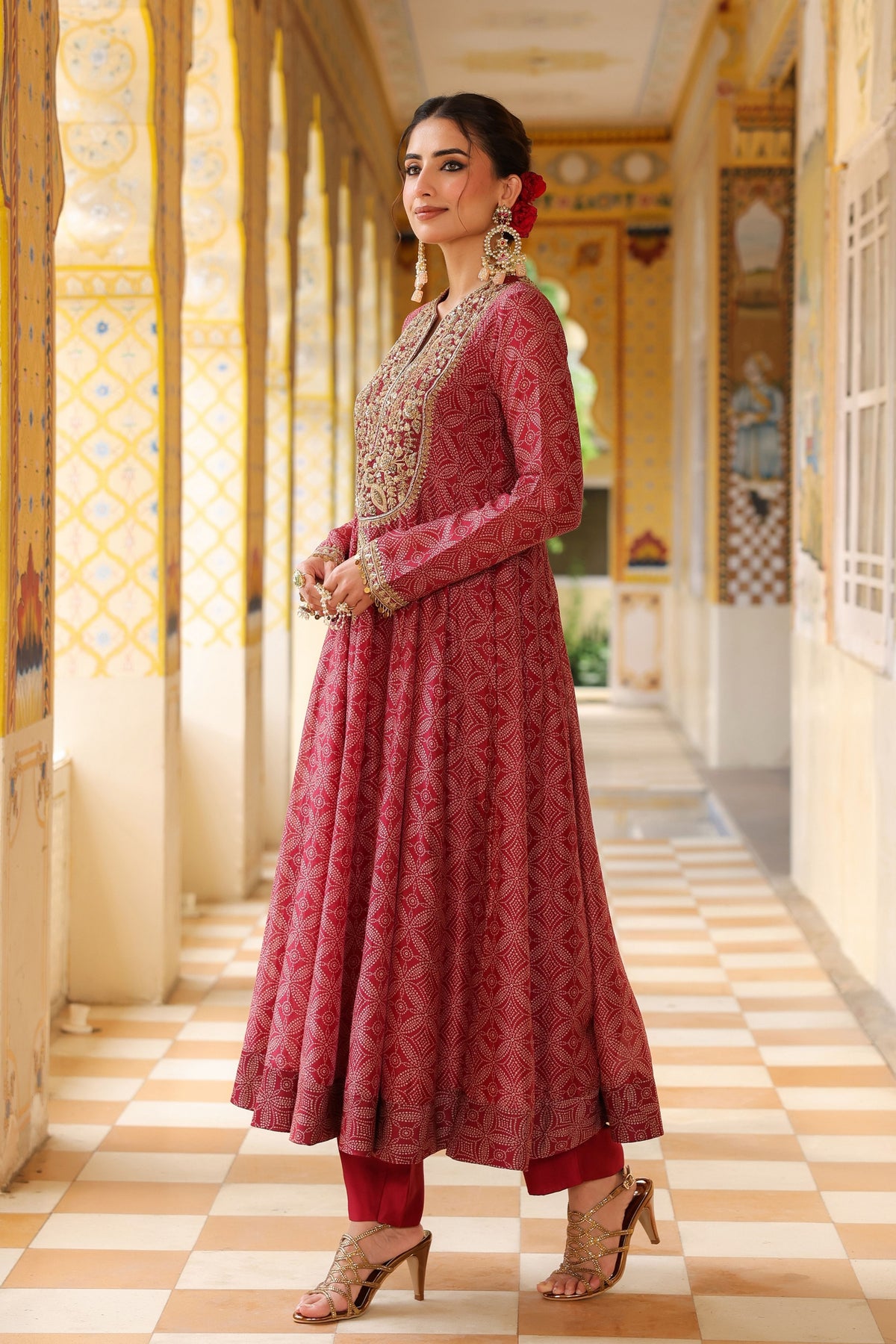 Ahista Maroon Printed Kalidar Set