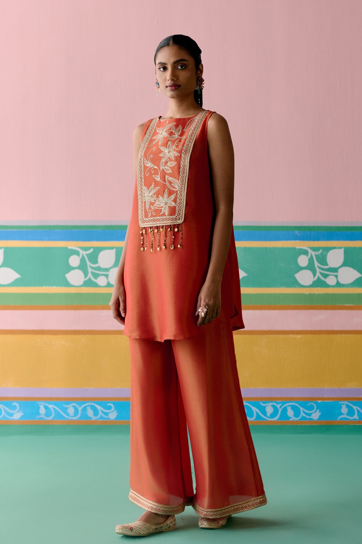 Rust Embroidered Sleeveless Tunic Set