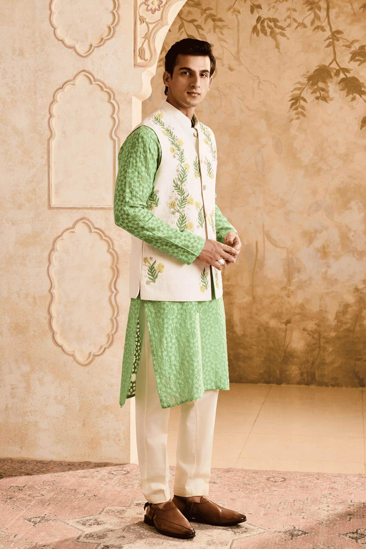 Ivory Nehru With Jade Kurta Set