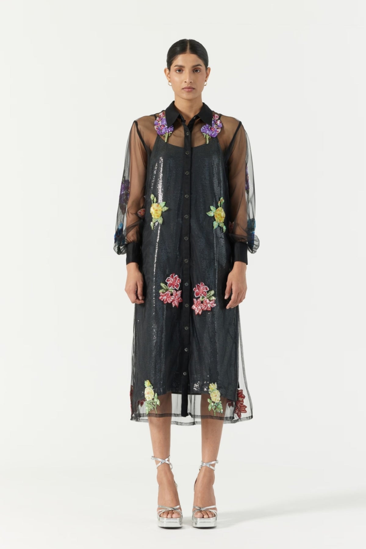 Black Botanical Shirt Dress
