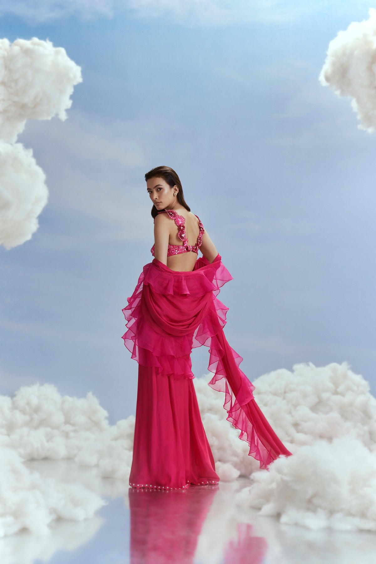 Pink Scallop Edged Ruffle Saree Set