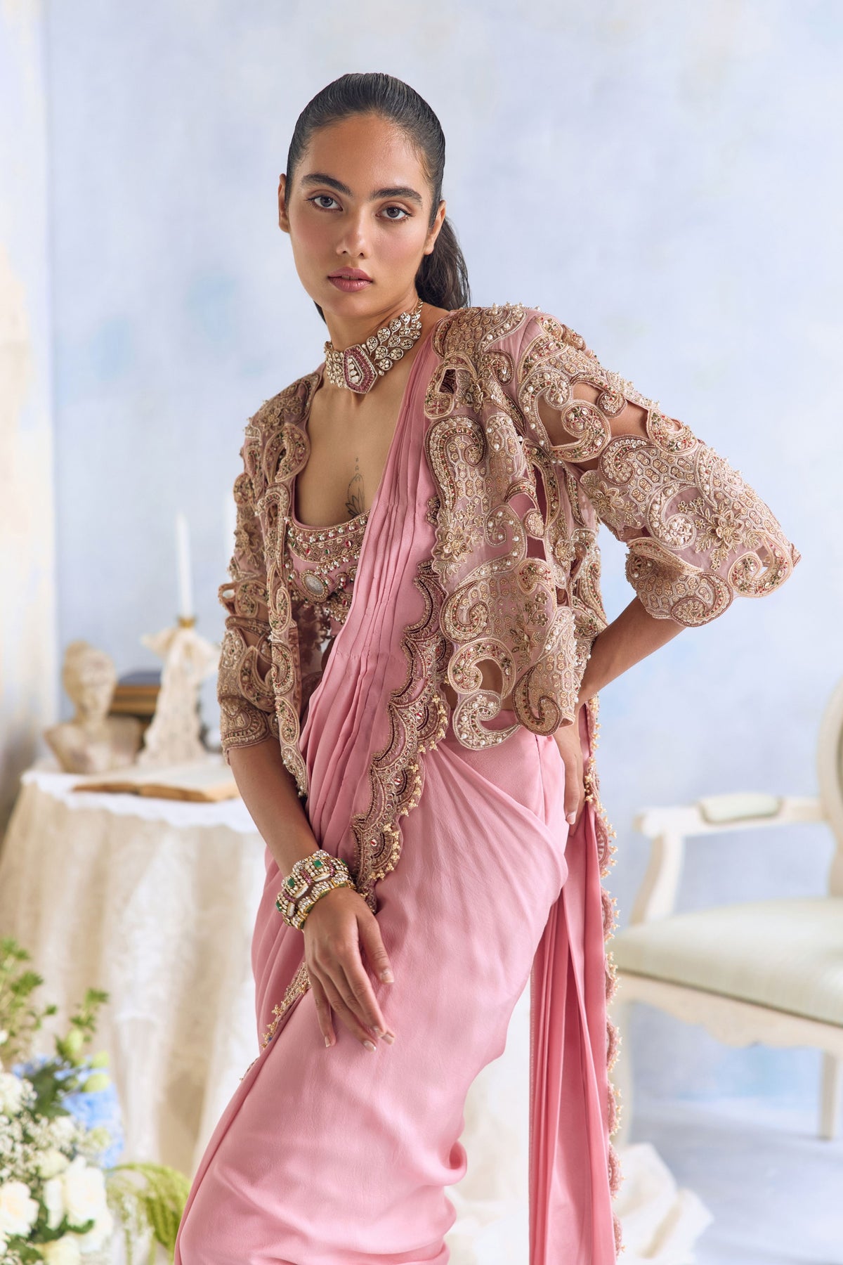 Rose Jacket Saree Set