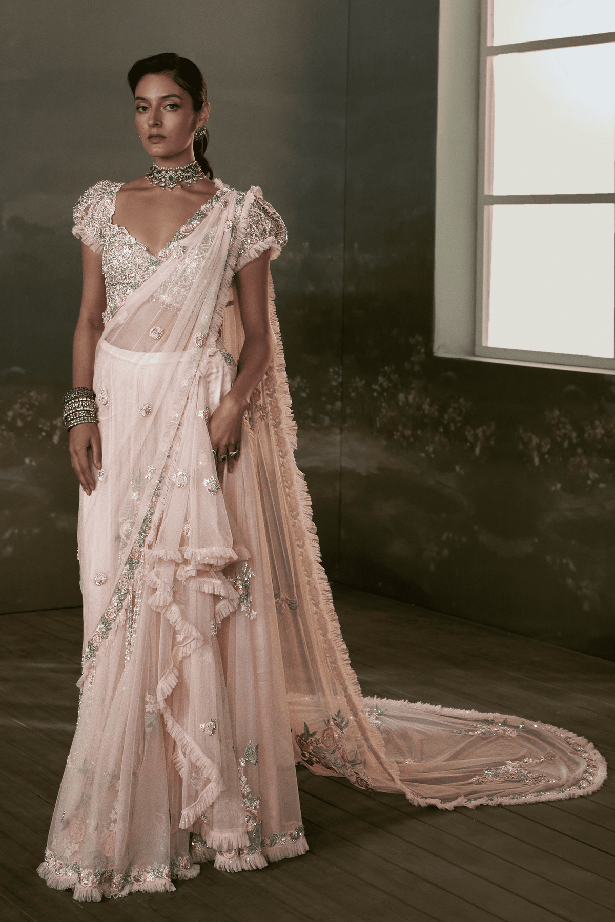 Rose Pink Pre-draped  Saree With Trail Dupatta