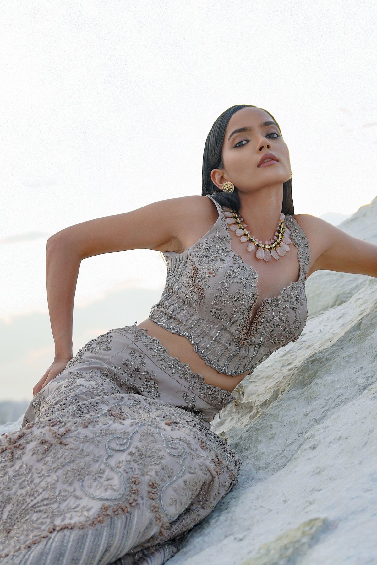 Grey Embellished Lehenga Set