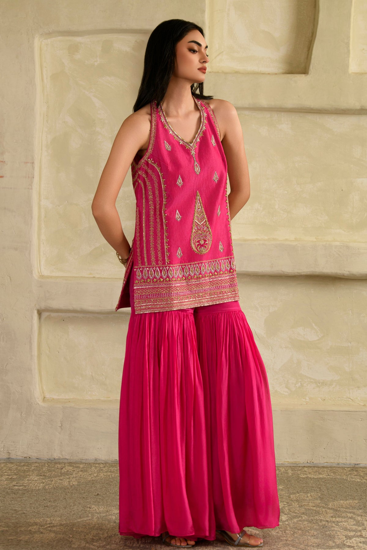 Zeba Halter Kurta Set in Rani Pink