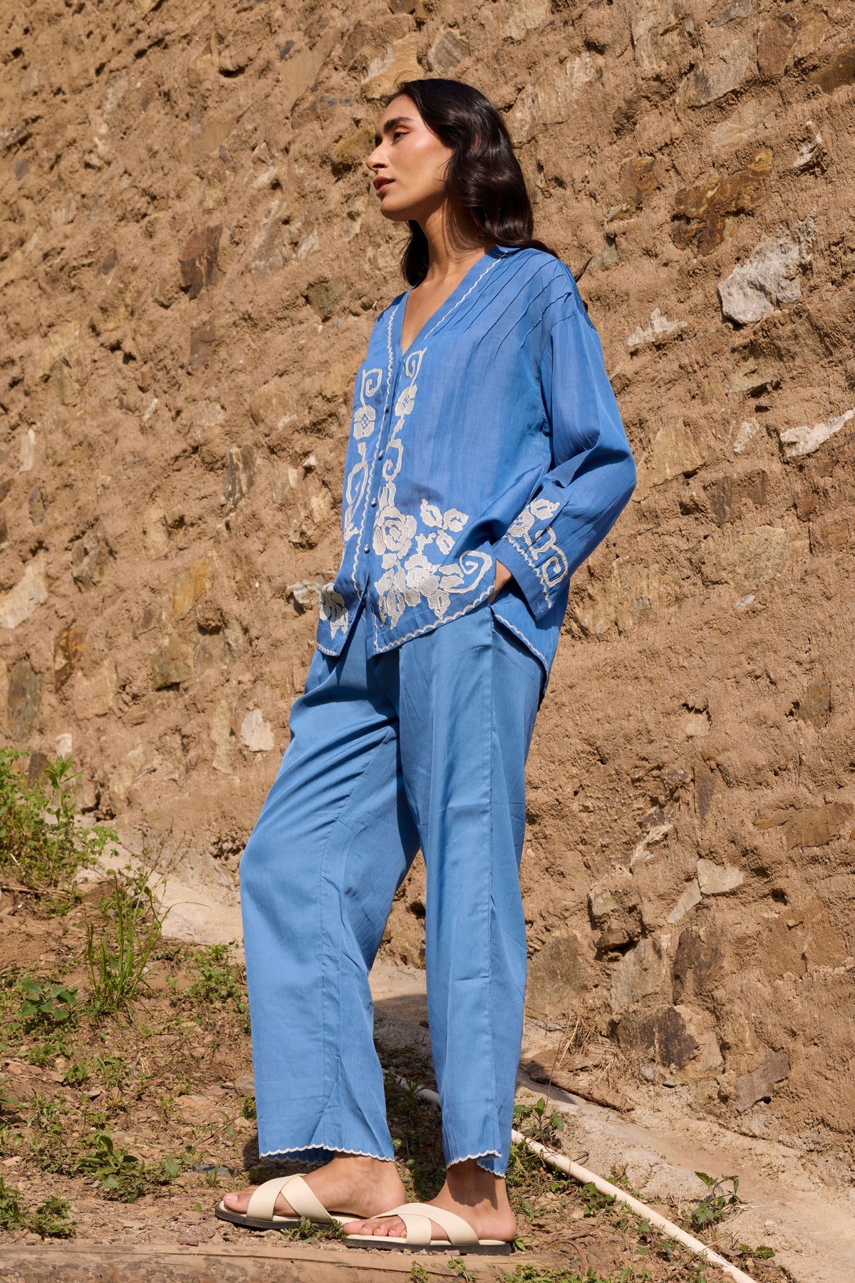 Blue Front Open Pintuck Top