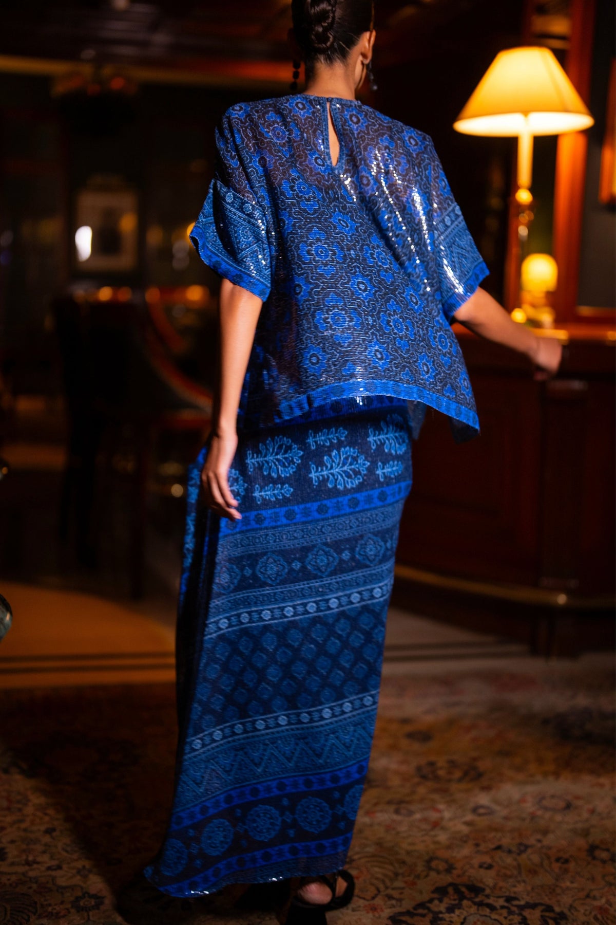 Blue Sequin Boxy Top & Drape Skirt