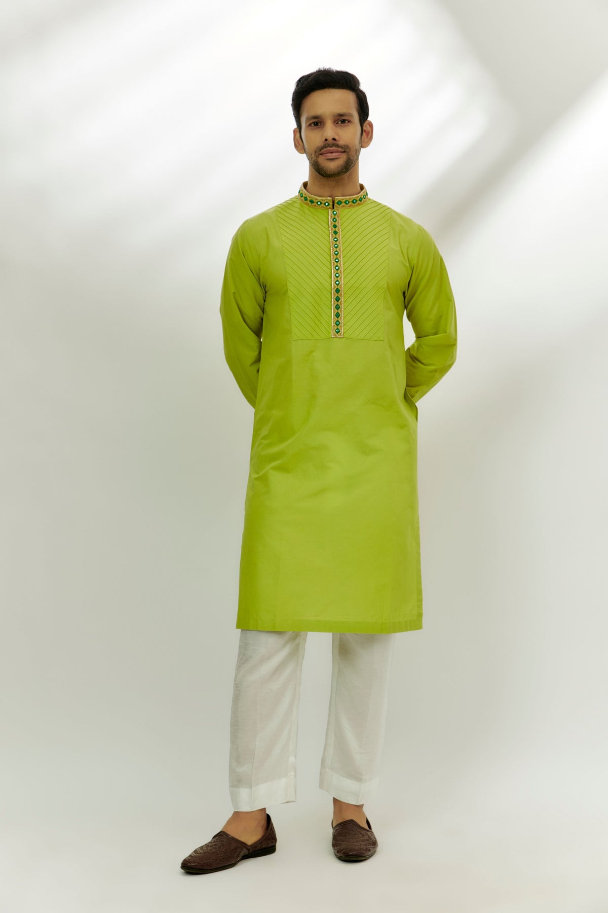 Lime Green Cotton Silk Embroidered Kurta