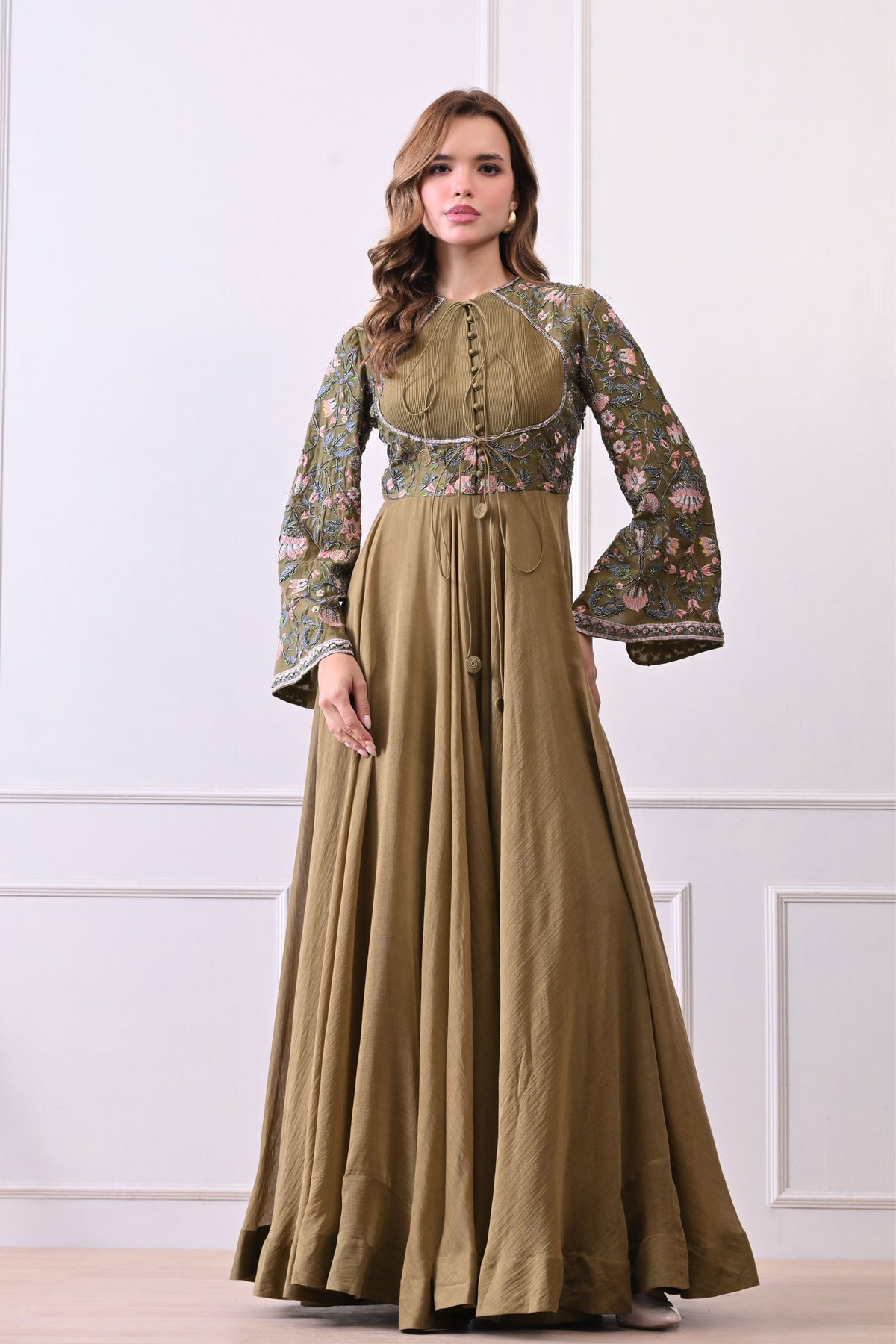 Olive Trumpet Sleeves Embroidered Anarkali