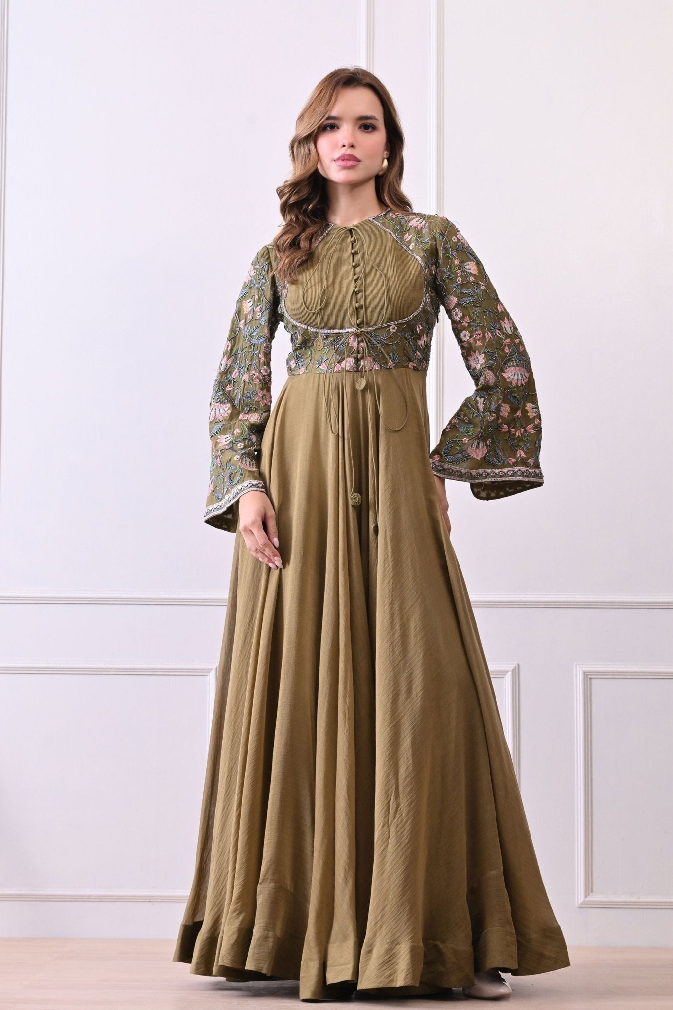 Olive Trumpet Sleeves Embroidered Anarkali - Samant Chauhan - Elahe