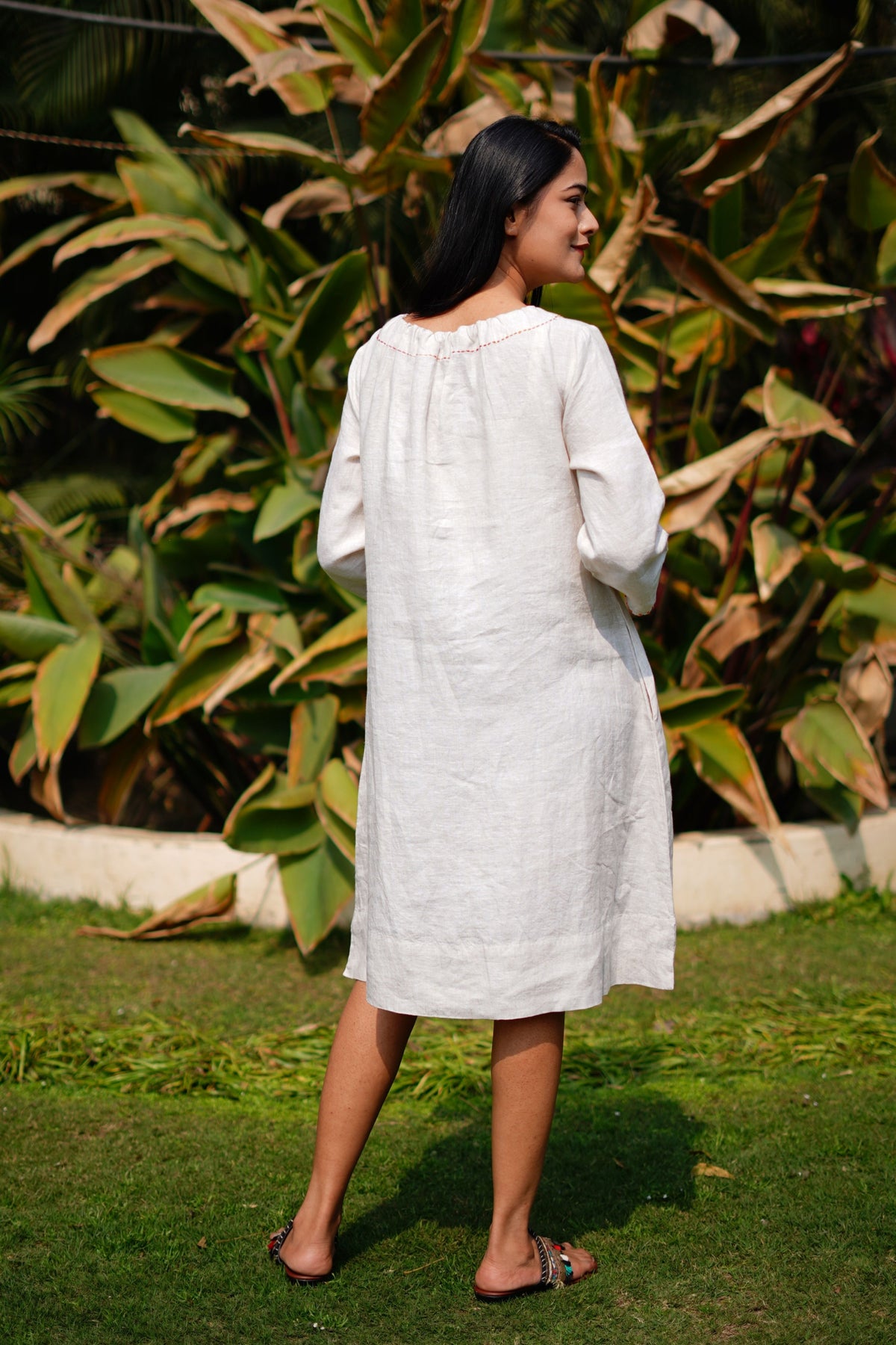 Beige Dress With Gathered Neck