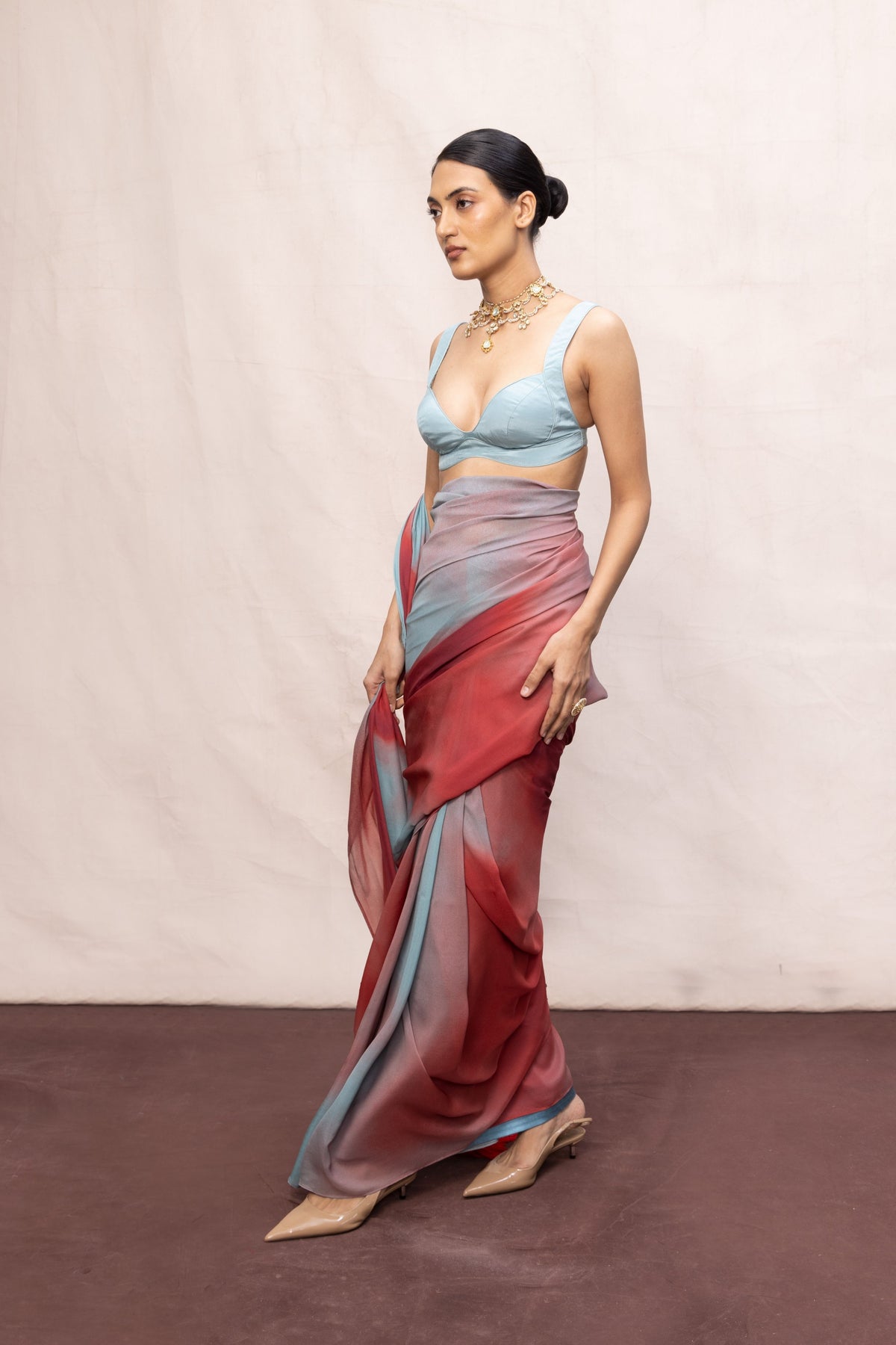 Coral Red & Blue Ombre Saree