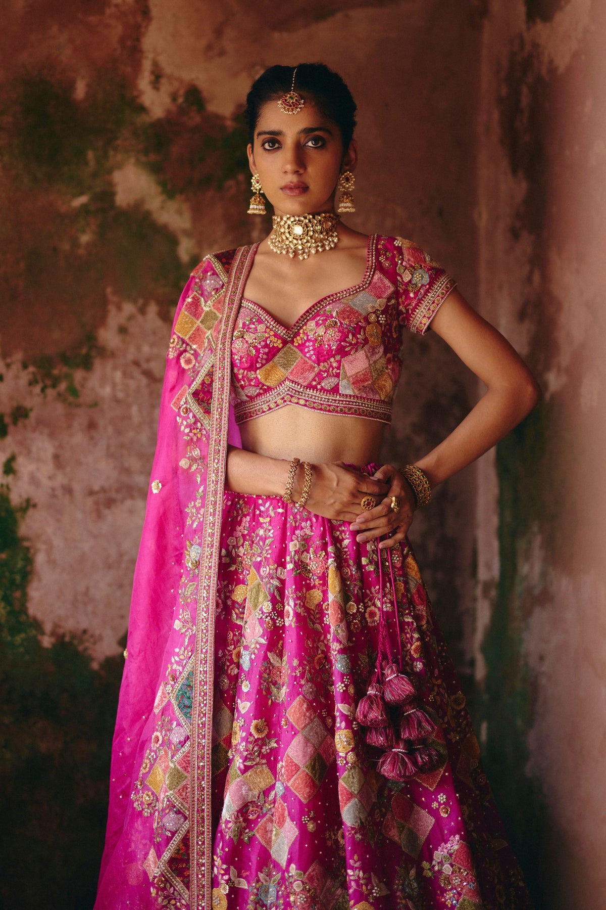 Fuchsia Pink Square Patch Lehenga Set