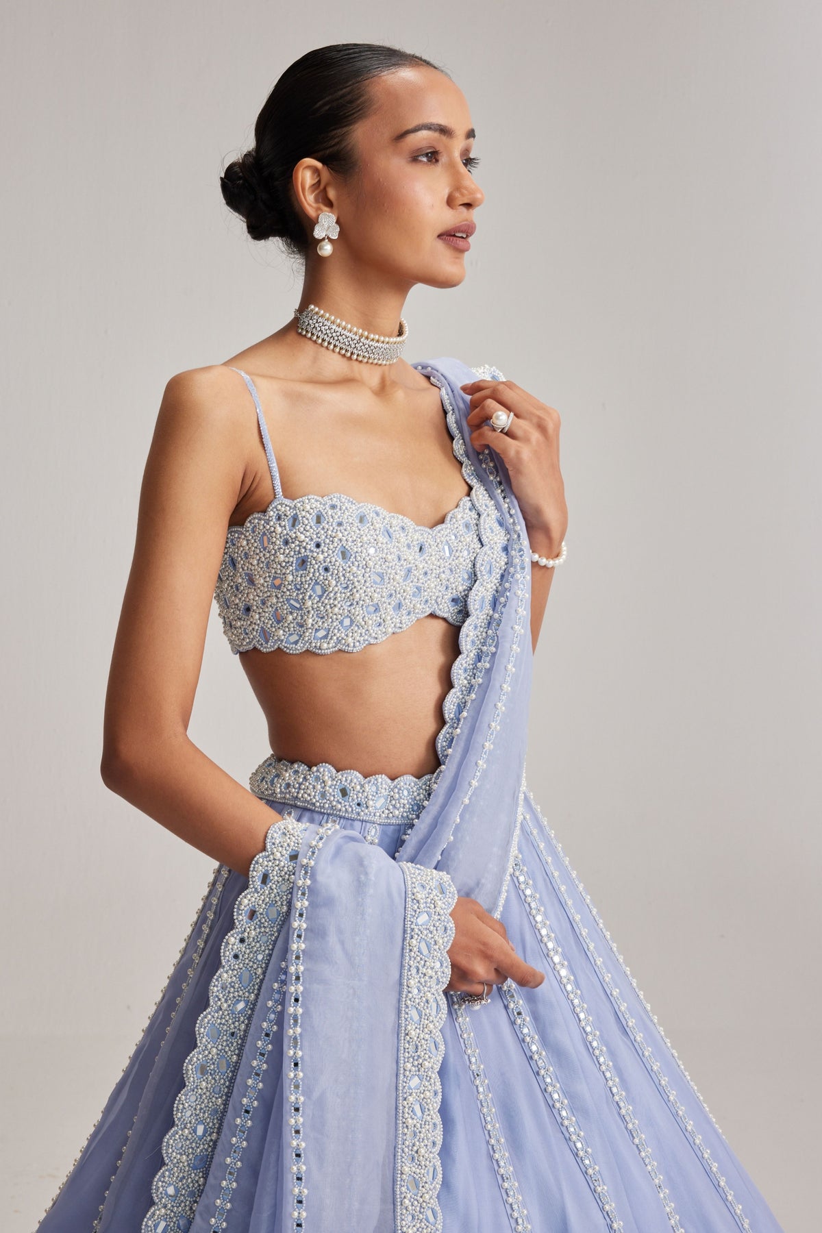 Dew Blue Mirror Organza Lehenga Set