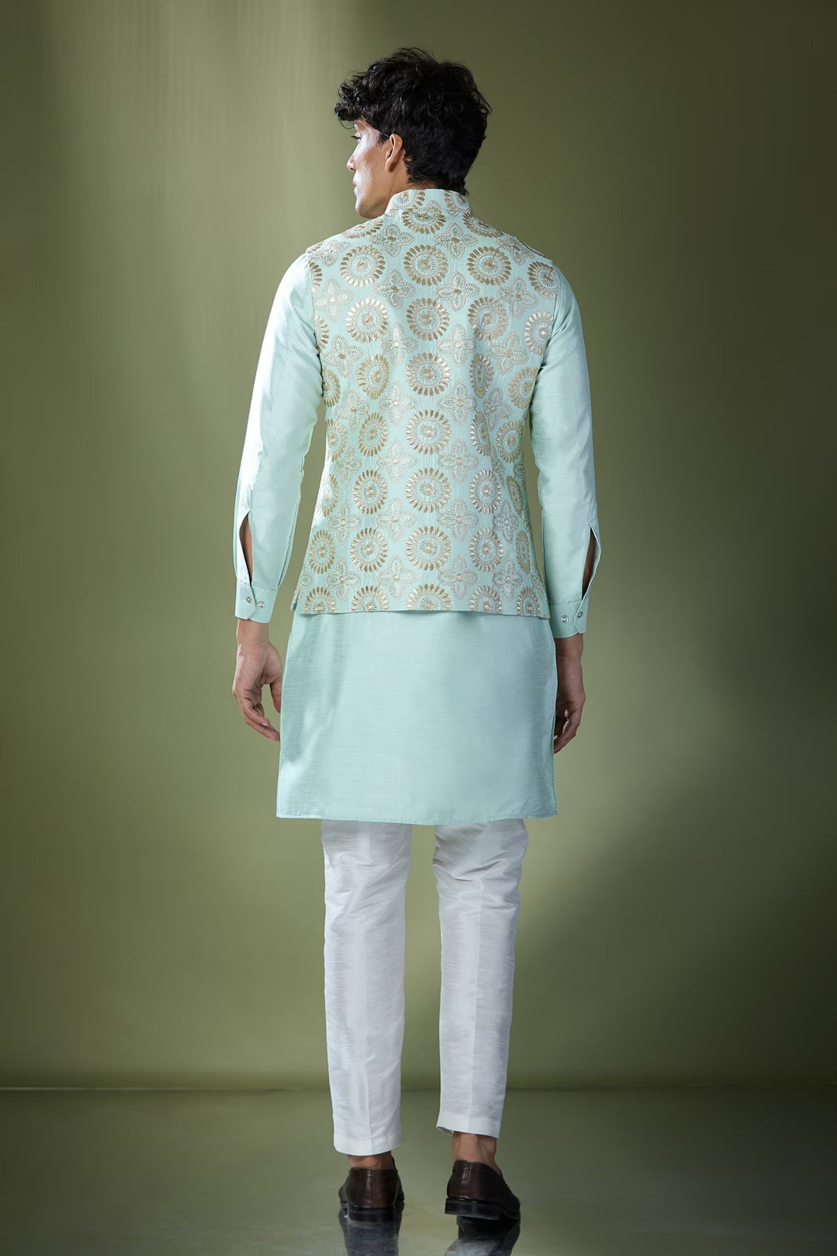 Sea Green Embroidered Nehru Jacket Set