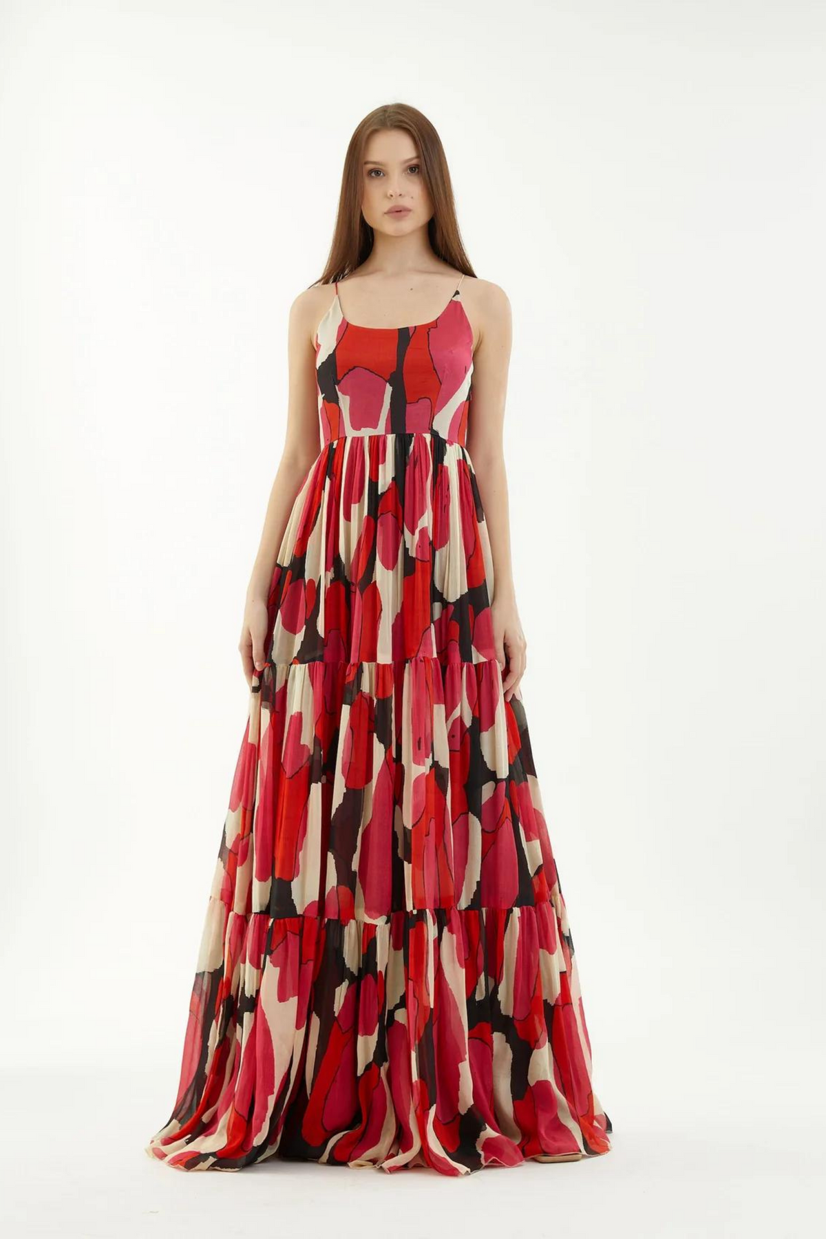 Red, Pink White And Black Abstract Flare Dress