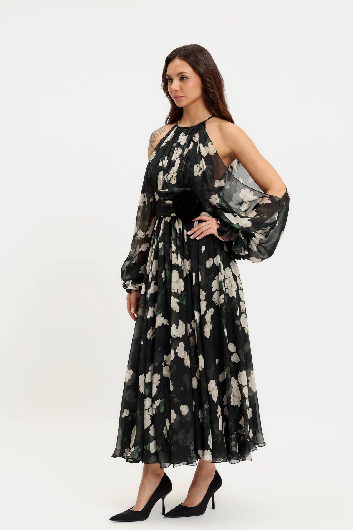 Chiffon Halter Neck Midi Dress