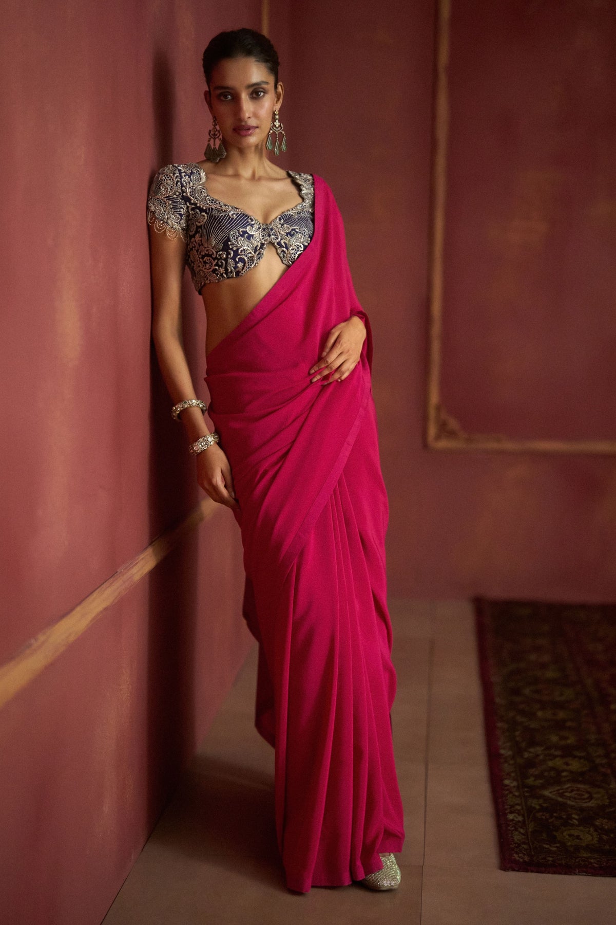 Pink Green Embroidered Saree Set
