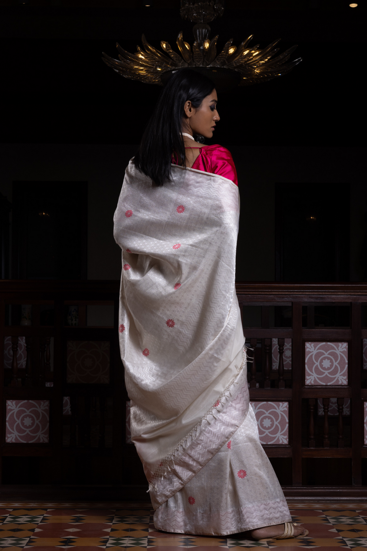 Jhilmil Sitara Shwet Geometrical Benarasi Handloom Sari