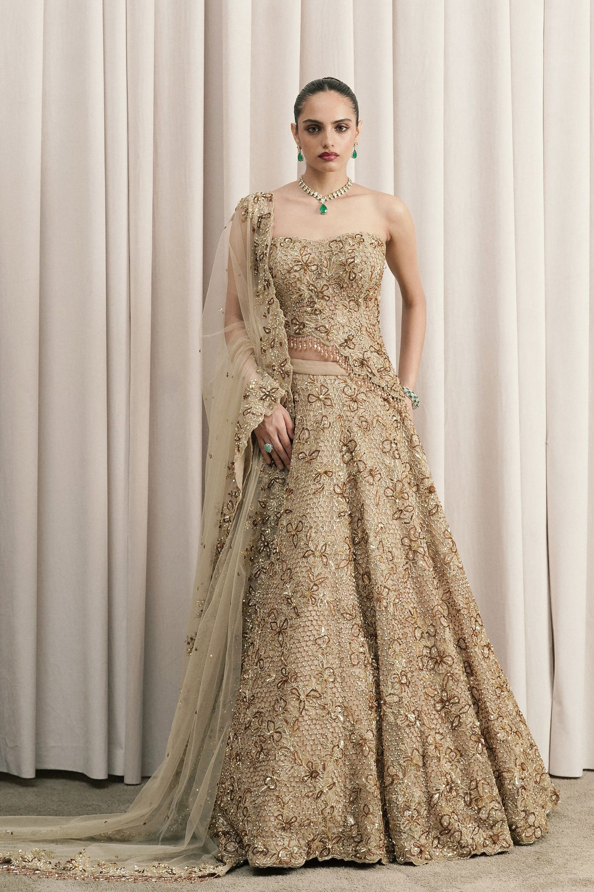 Beige Chantilly Lace Lehenga Set