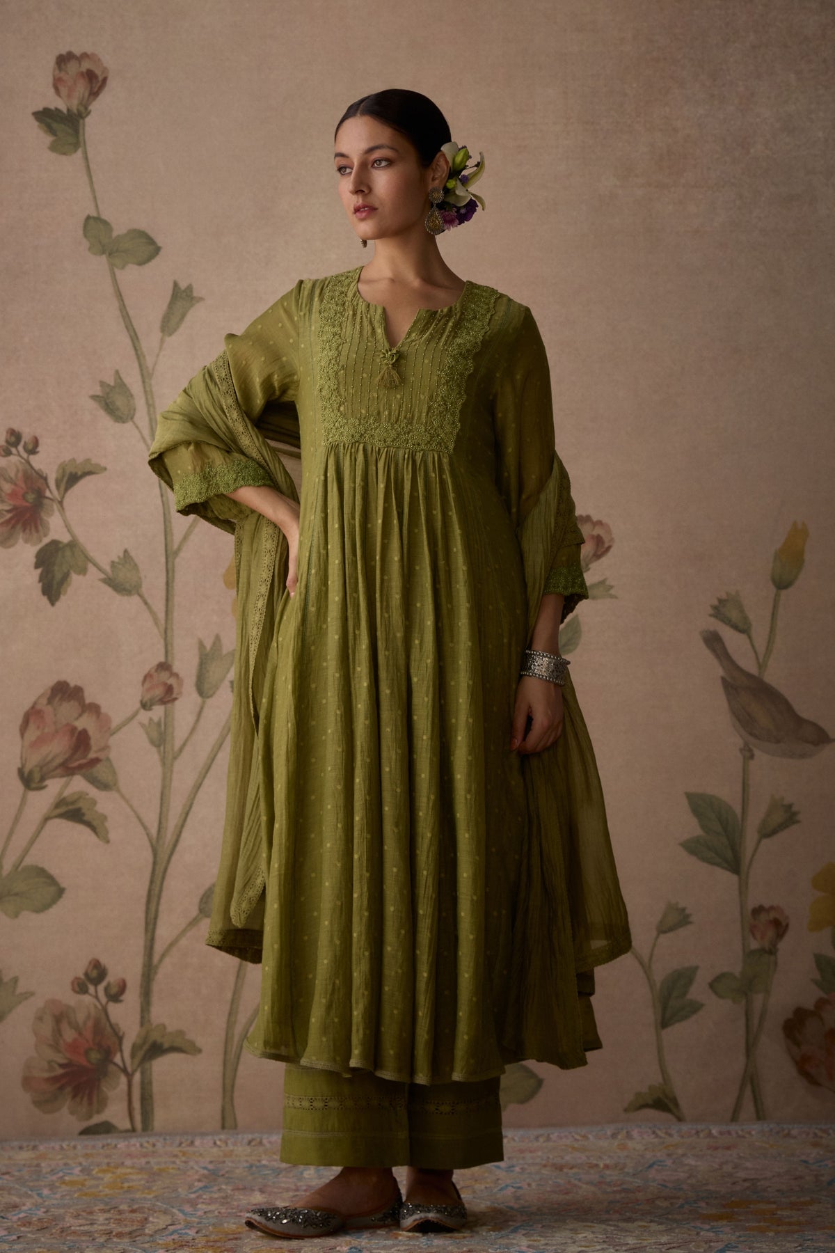 Green Lace A-line Kurta Set