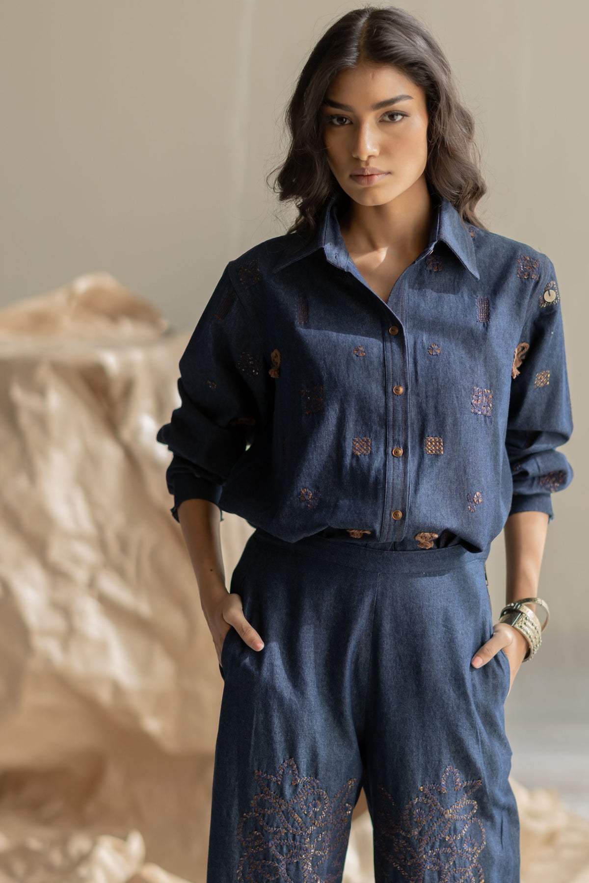 Denim Scattered Embroidered Shirt