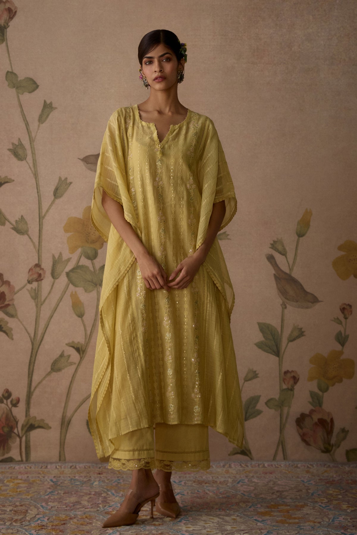 Lemon Yellow Embroidered Kaftan Set