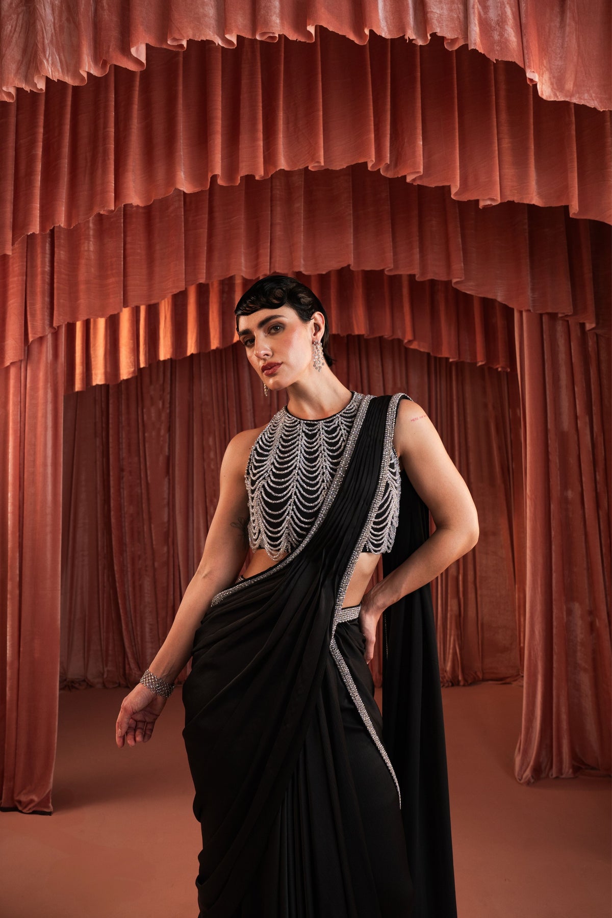 Black Sequin Draped Saree Set