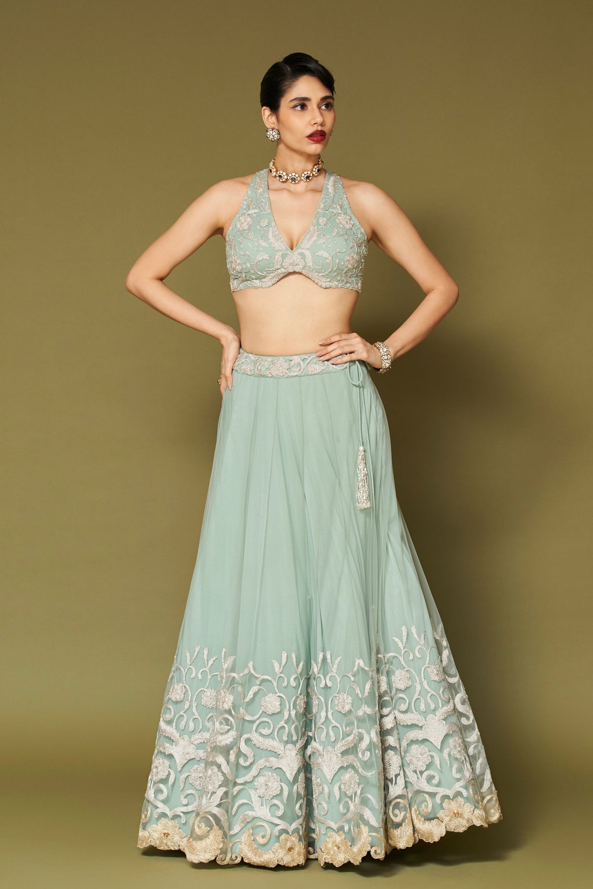 Aqua Embroidered Net Lehenga Set