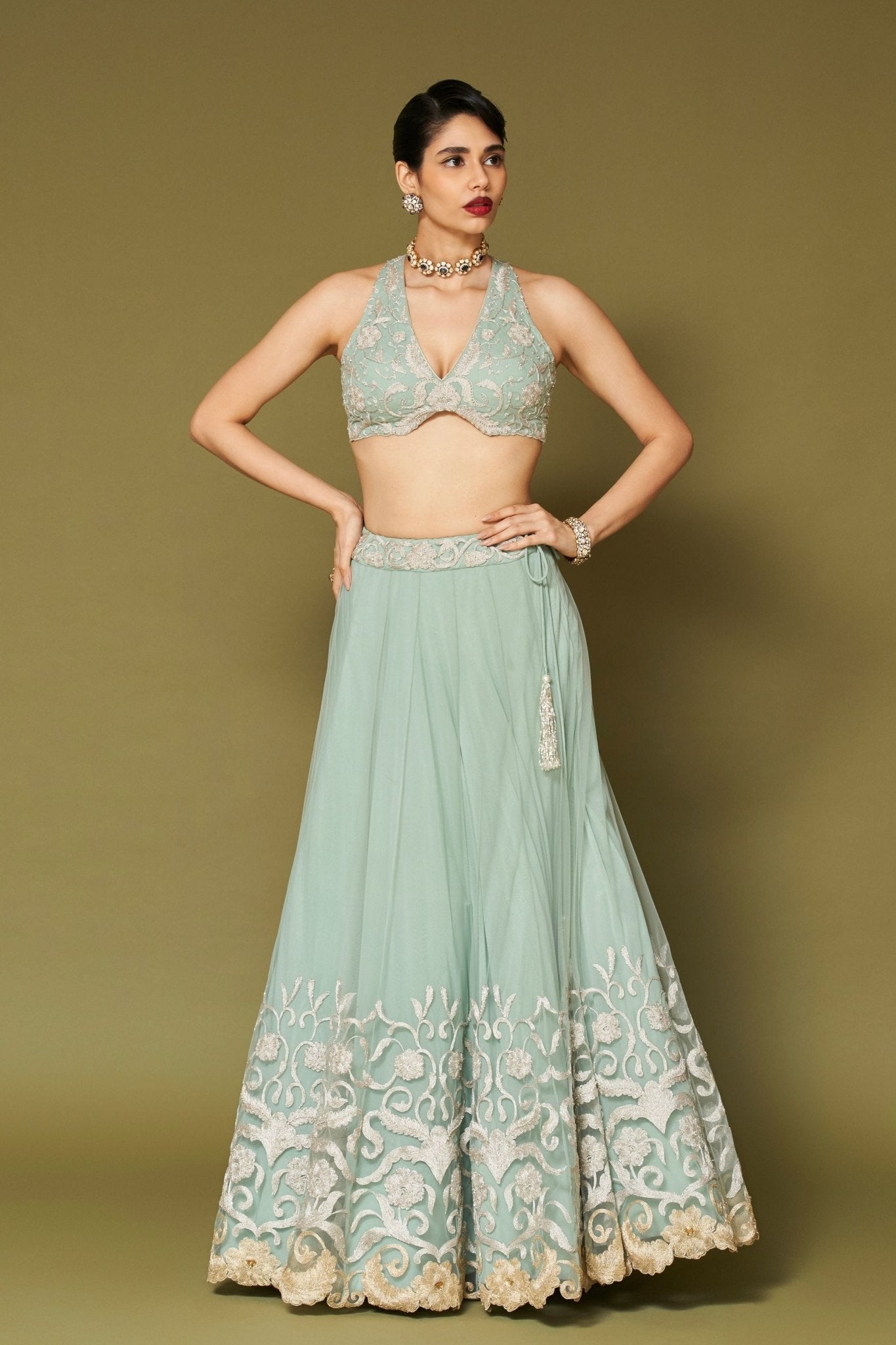 Aqua Embroidered Net Lehenga Set - Devnaagri - Elahe