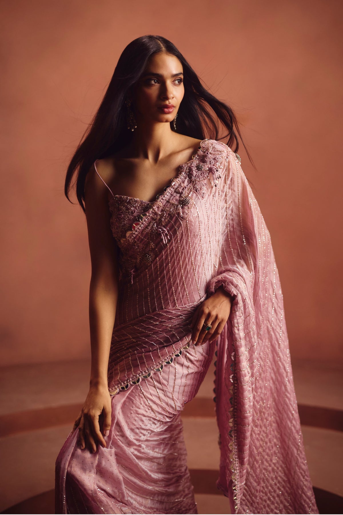 Mauve Embellished Saree Set