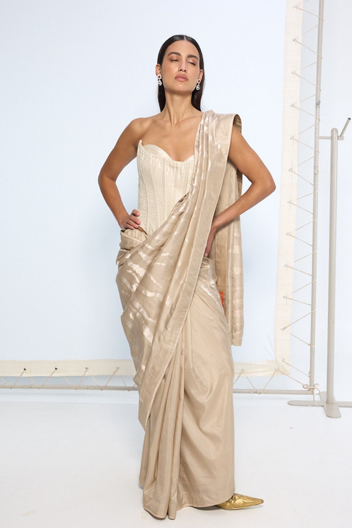 Handwoven Beige Silk Saree - Ekaya - Elahe