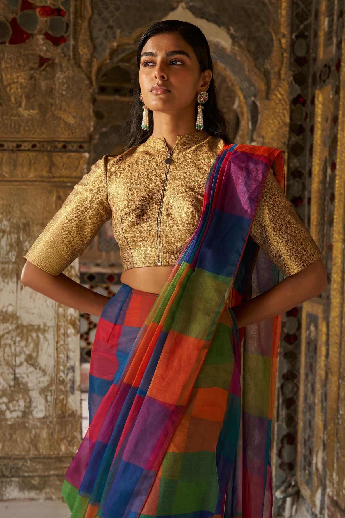 Check Organza Sari Drape