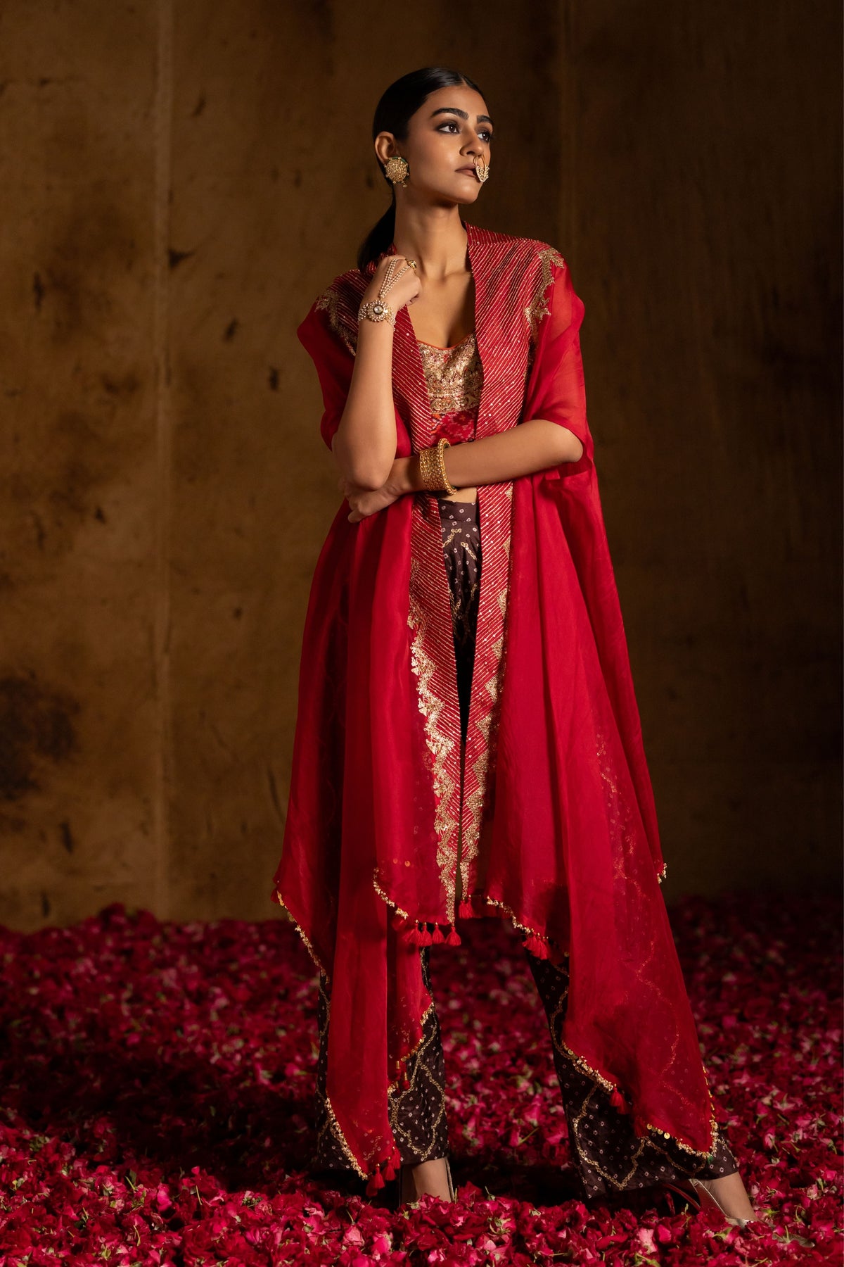 Rust Patola Bandhani Cape Set