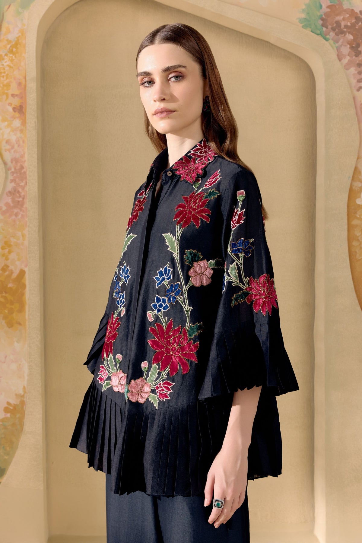 Black Botanica Pleated Shirt
