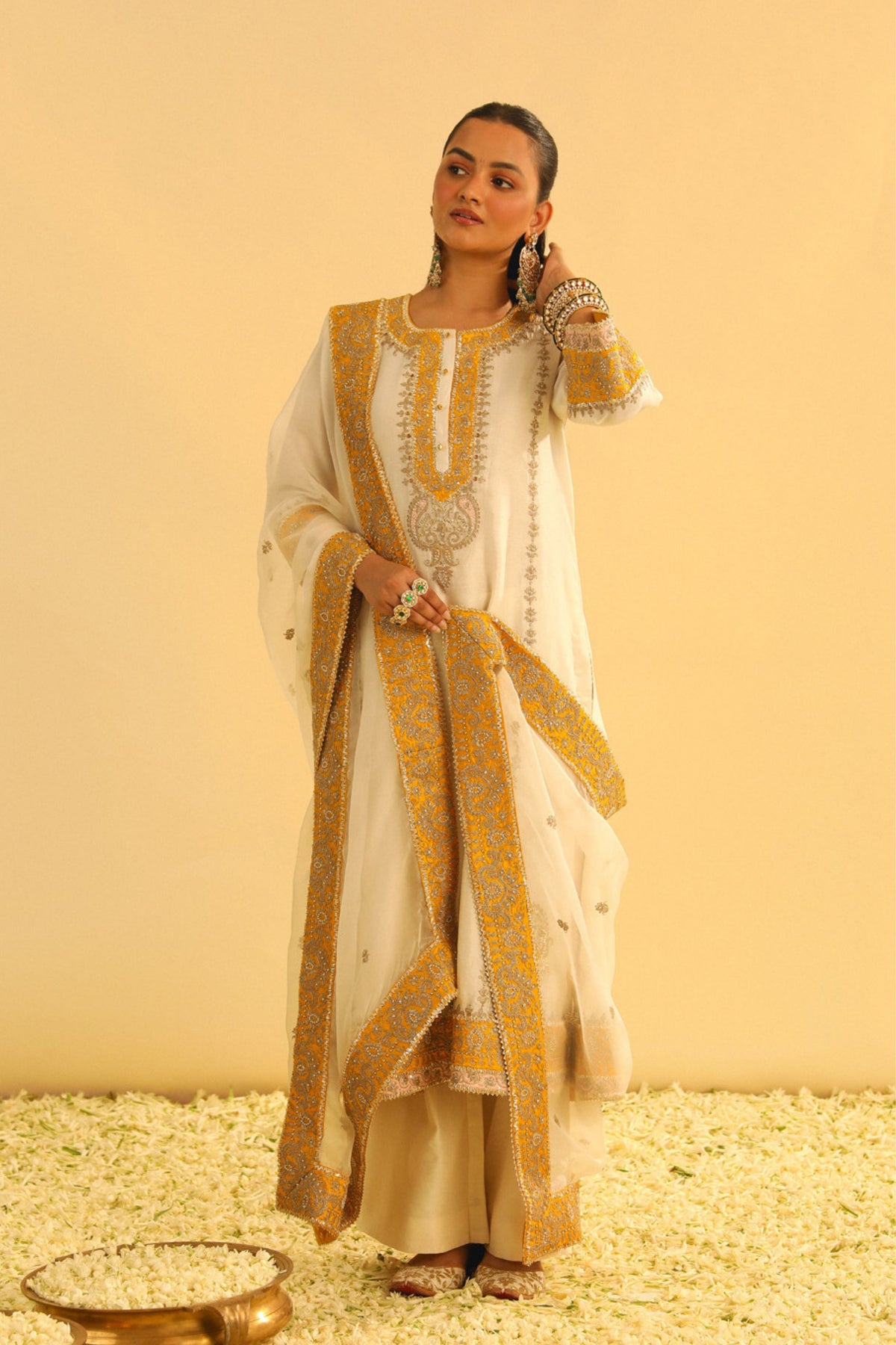 Asmira Ivory Long Kurta With Palazzo &amp; Dupatta