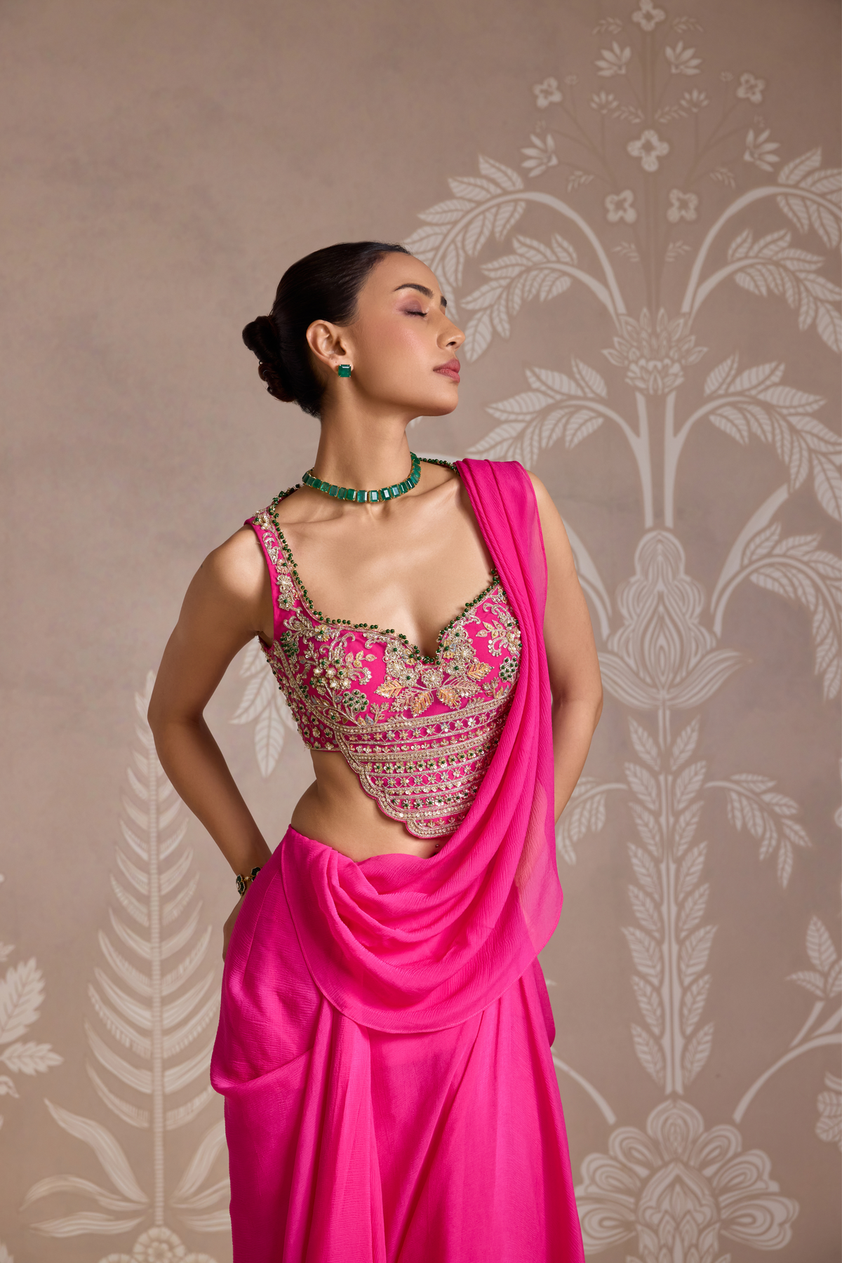 Bright Fucshia Drape Saree Set
