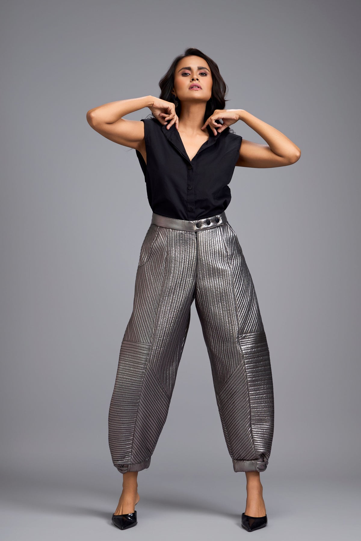 Metallic Gunmetal Quilted Pants