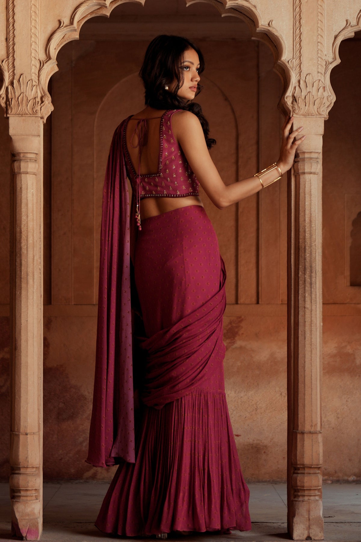 Mulberry Pink Drape Saree Set