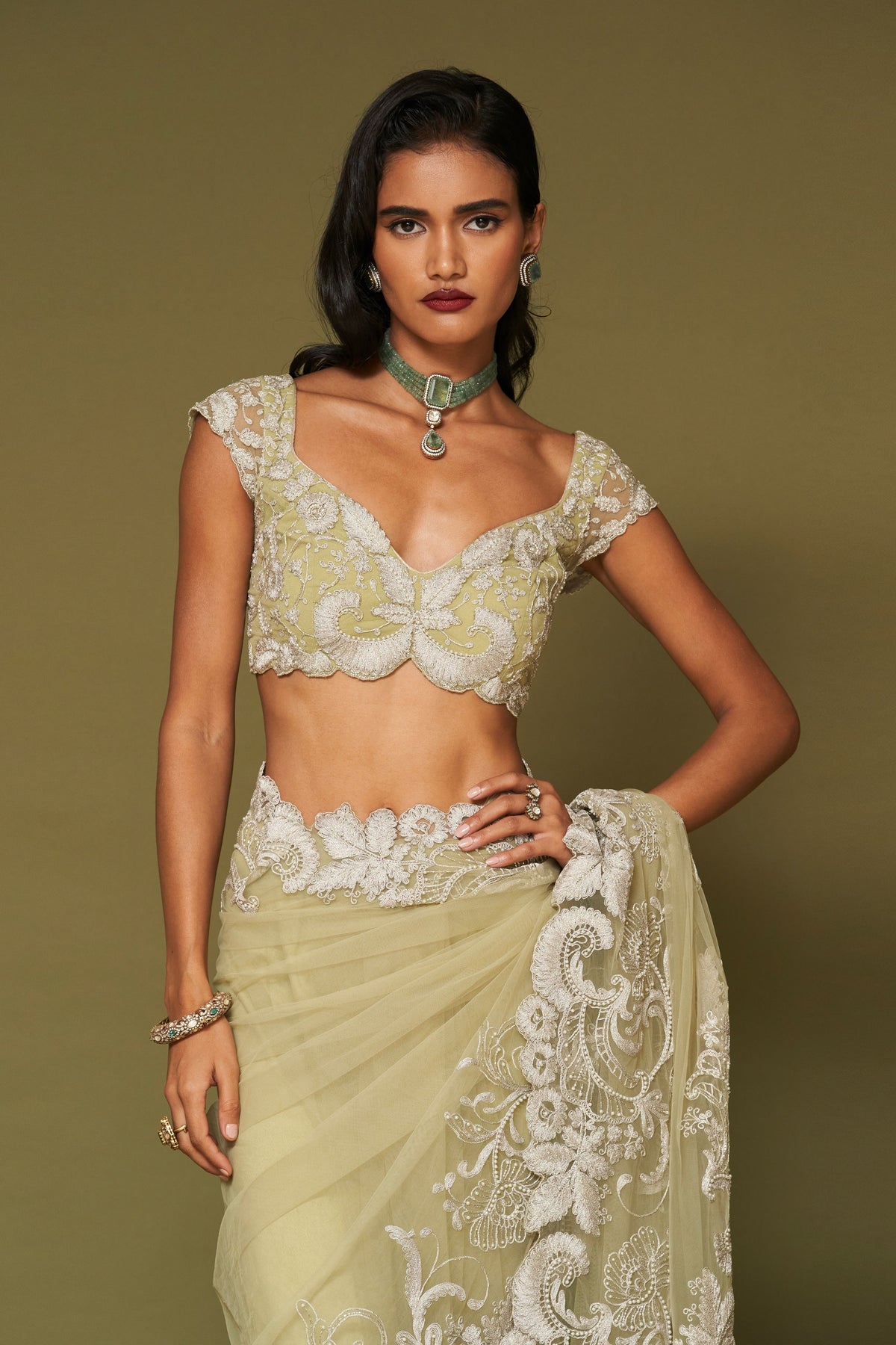 Pistachio Embroidered Net Saree Set