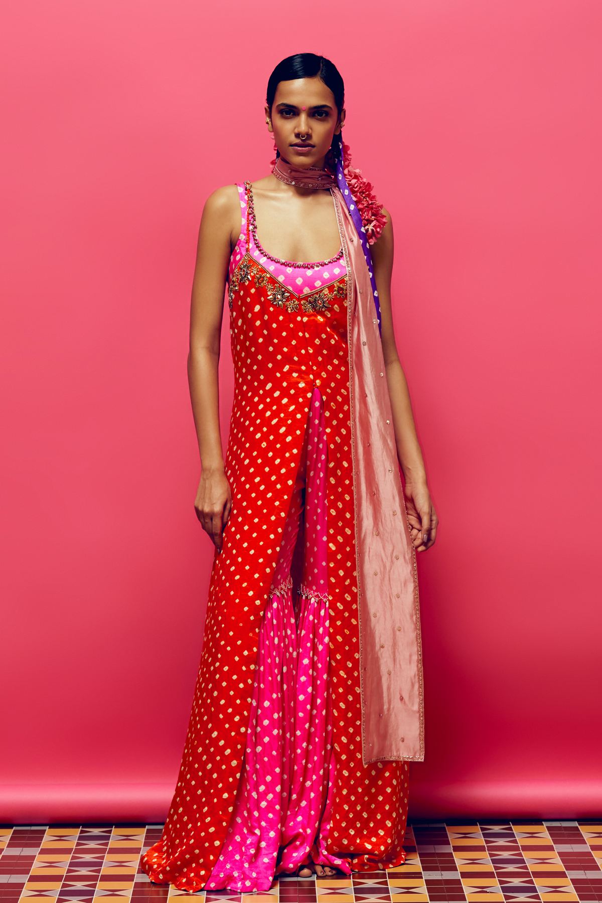 Red Bandhani Gharara Set