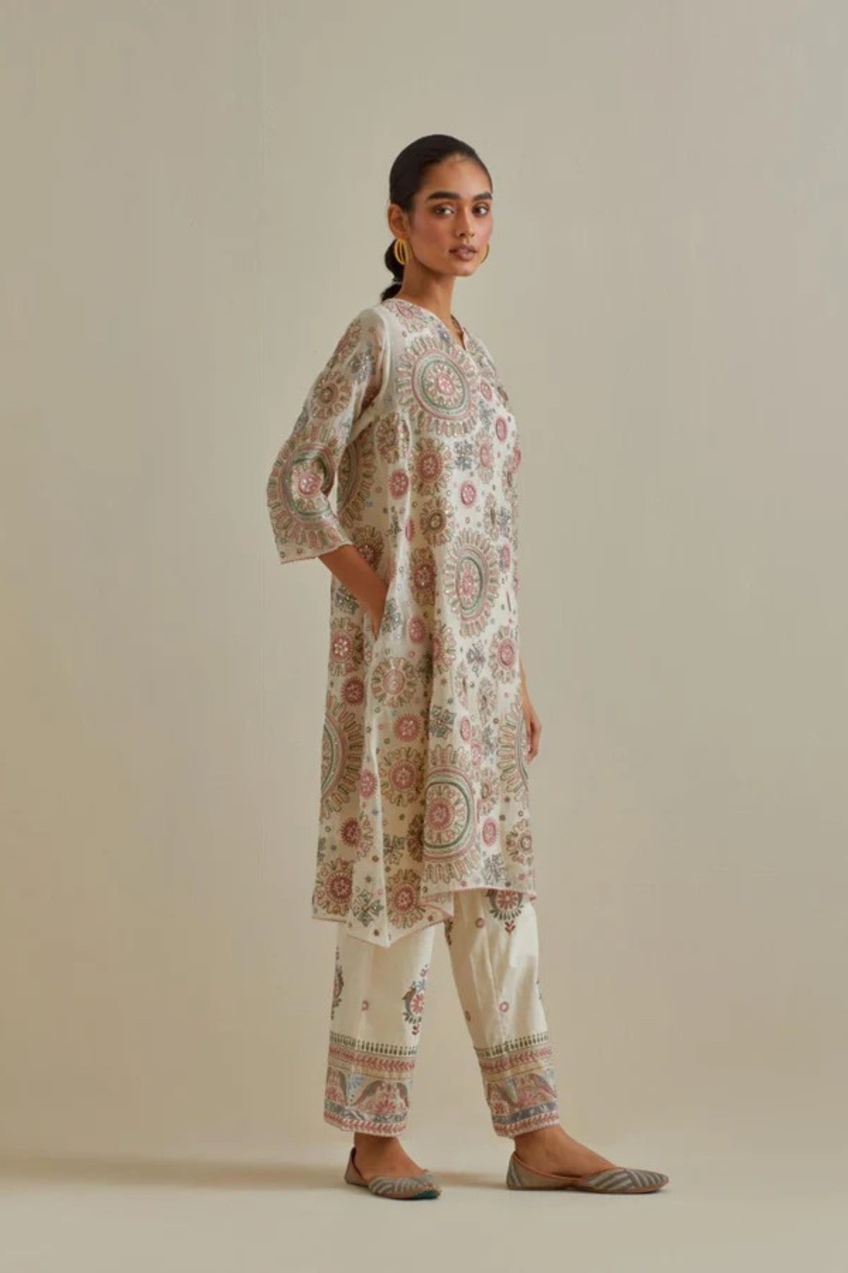 Pink and Off White Kurta Set