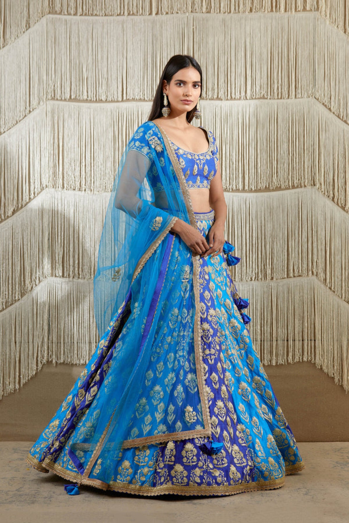 Blue metallic embroidered lehenga set
