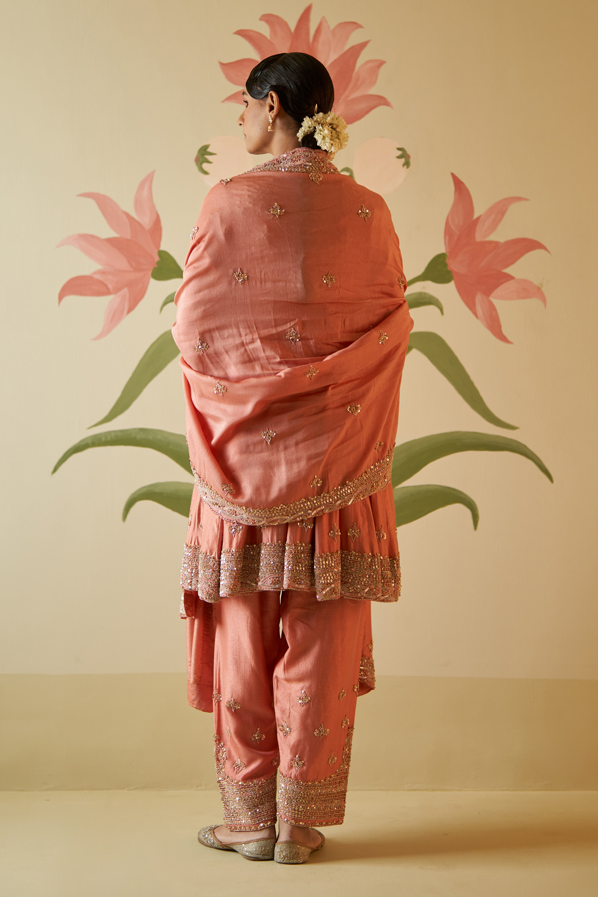 Salmon Chanderi Silk Anarkali Set