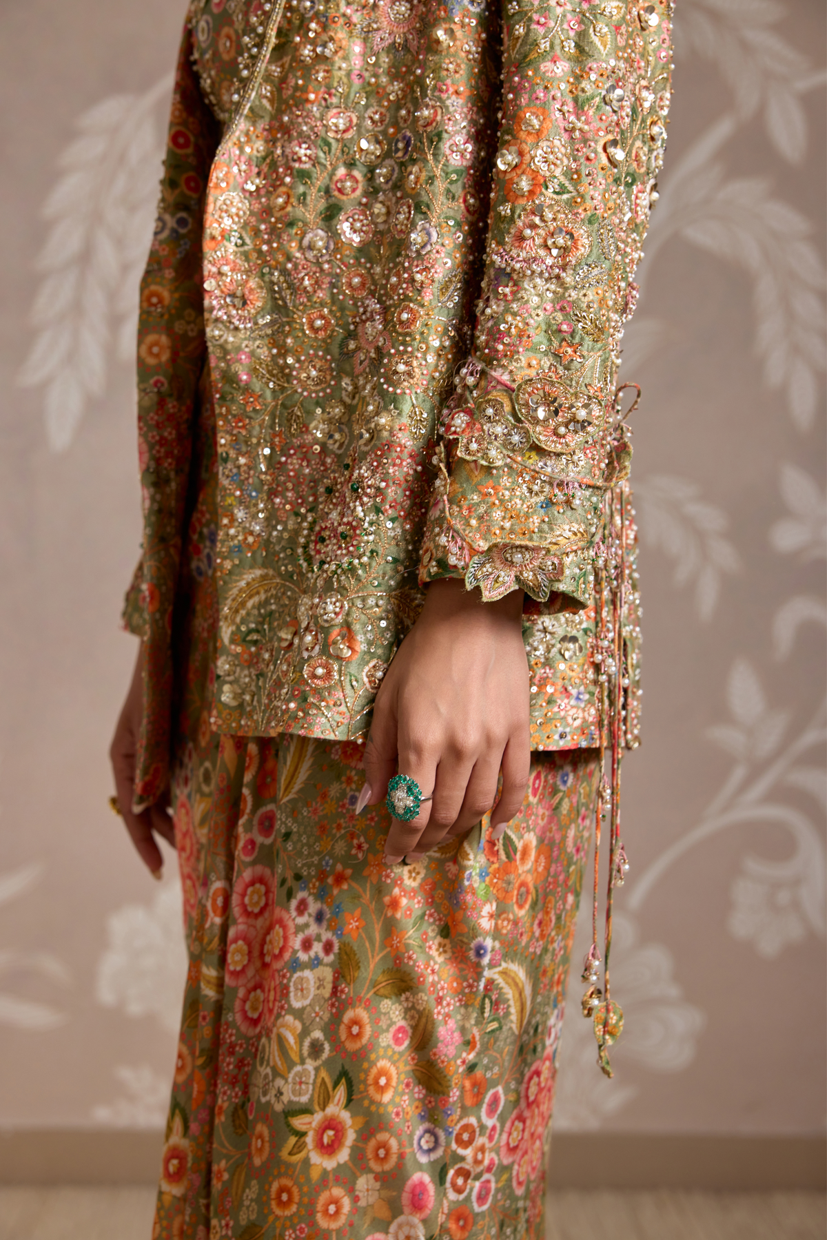 Olive Green Print Jacket Set