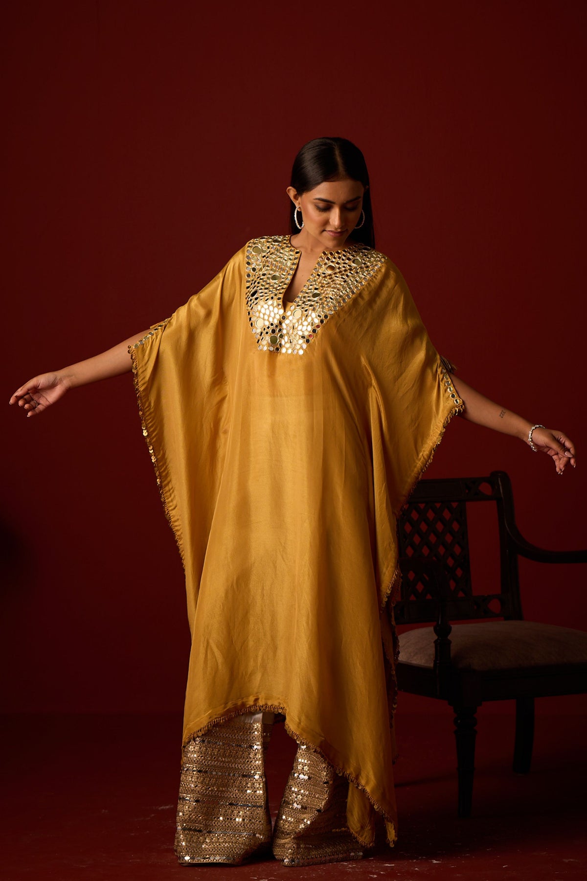 Golden Yellow Mirror Work Kaftan