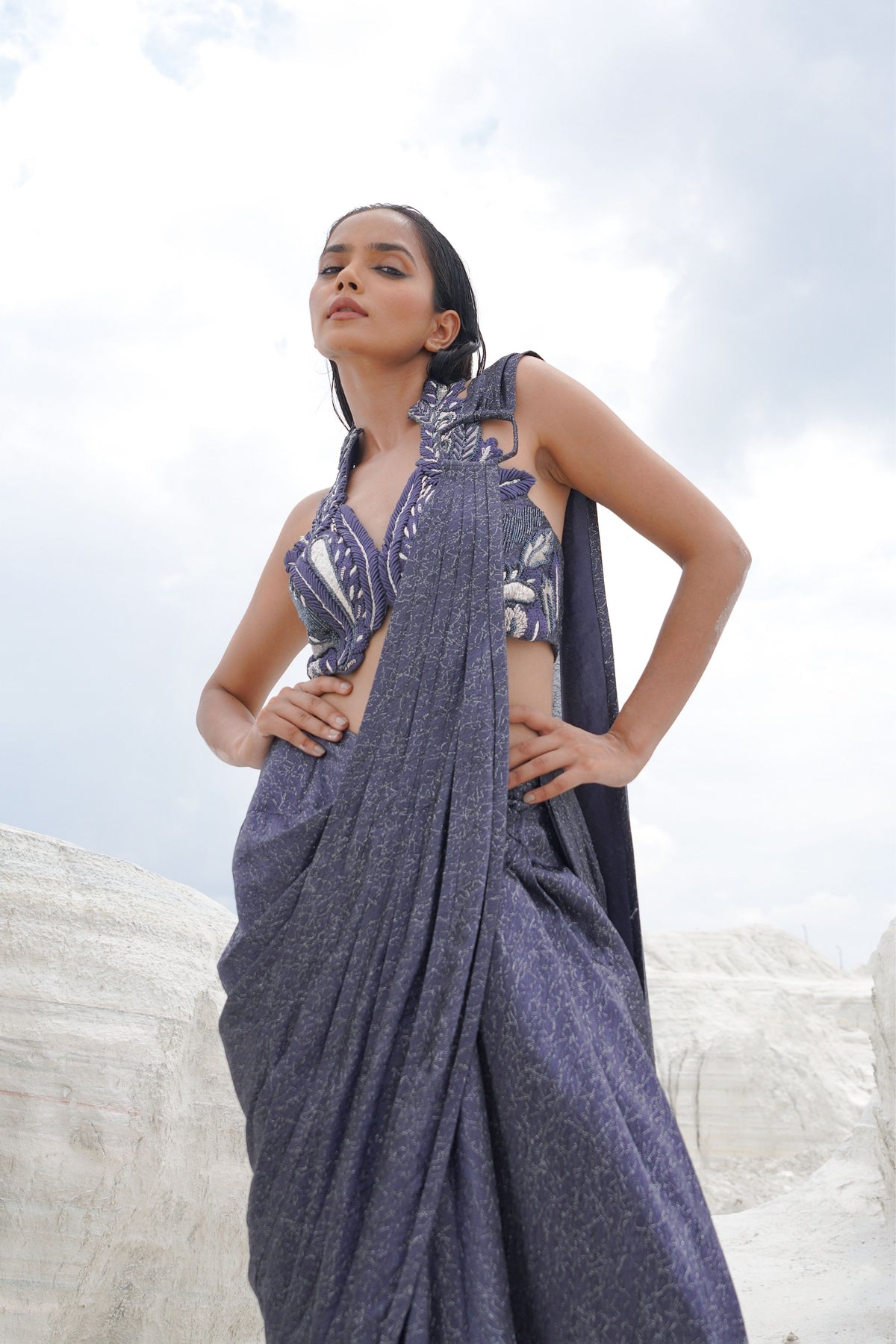 Blue Embroidered Draped Saree Set