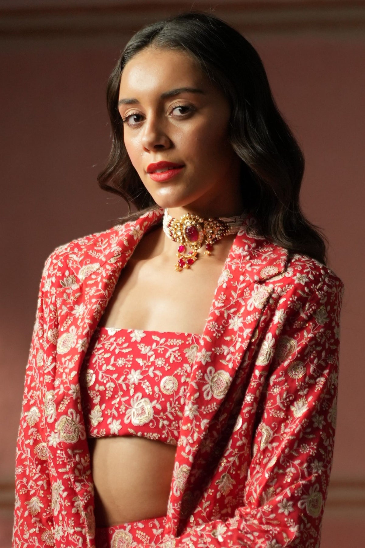 Red Chikankari Jacket Lehanga Set