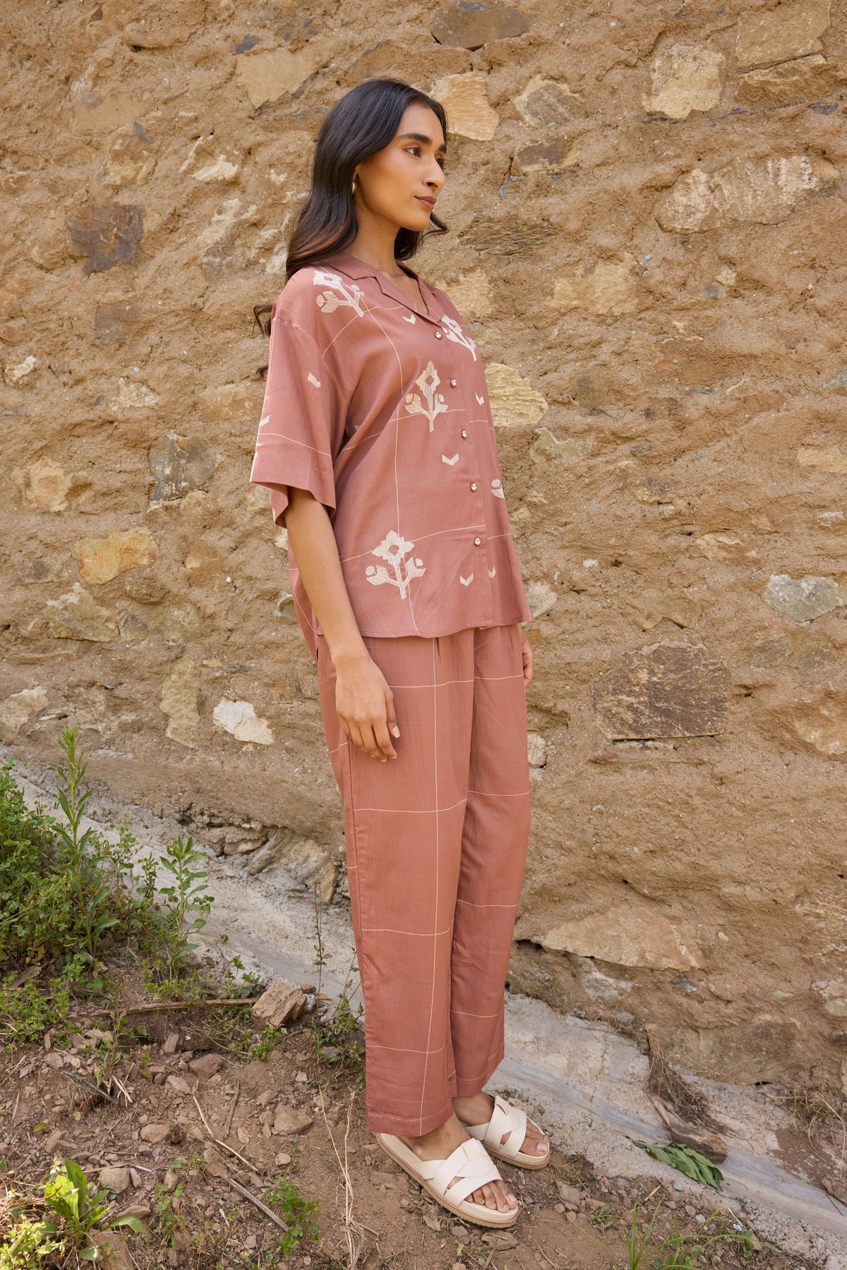 Brown Embroidered Drop-shoulder Shirt