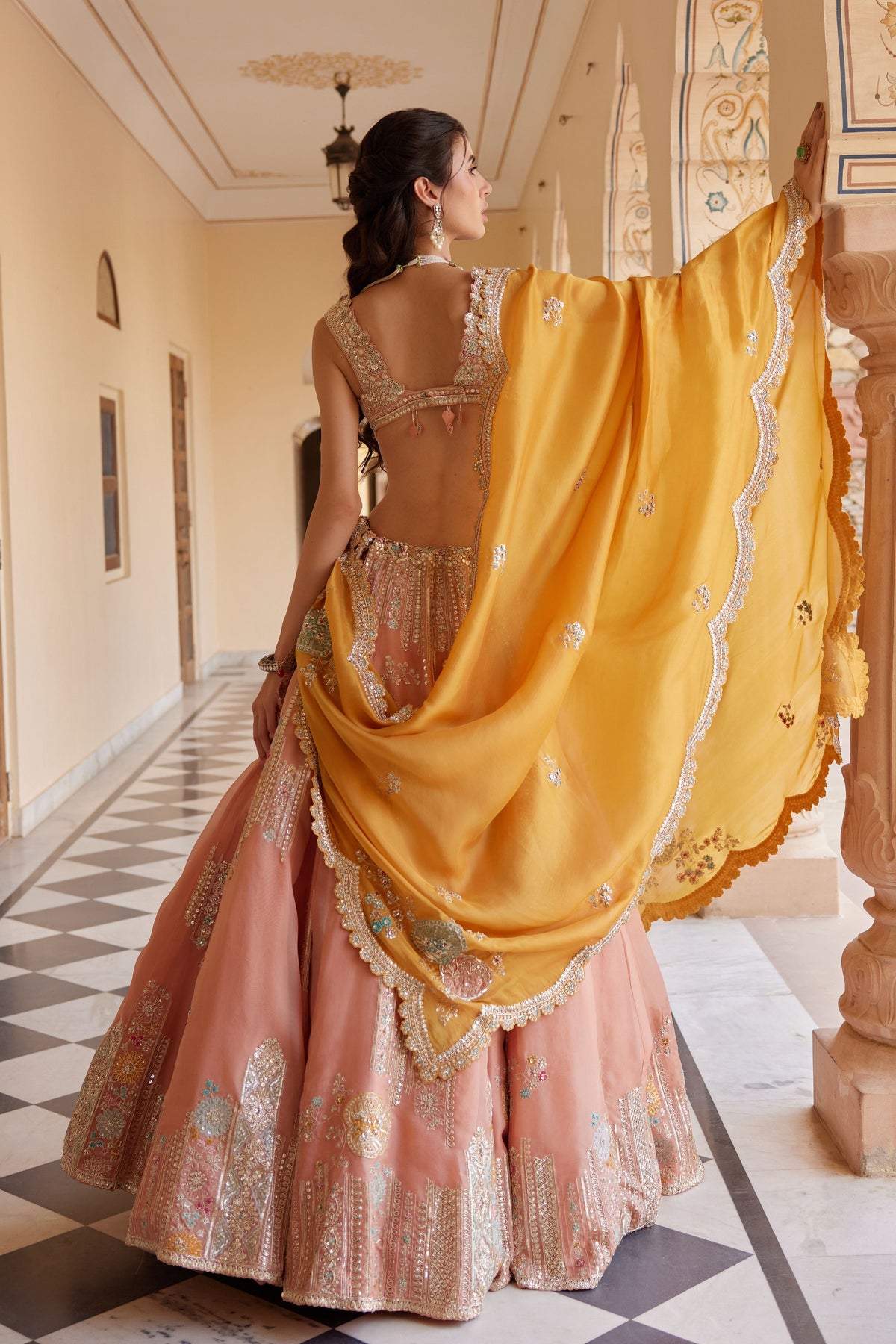 Salmon Peach Embroidered Lehenga Set
